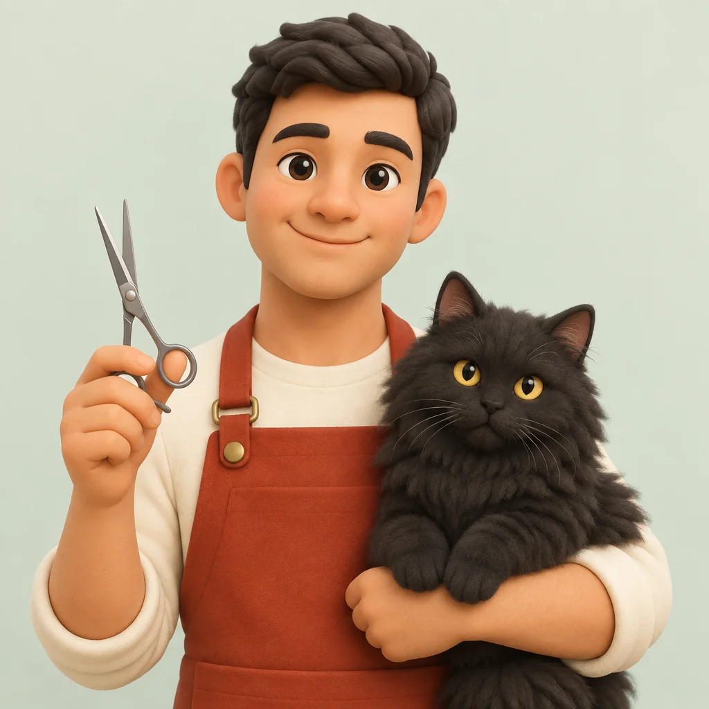 Illustrated portrait of groomer Leo with a black cat