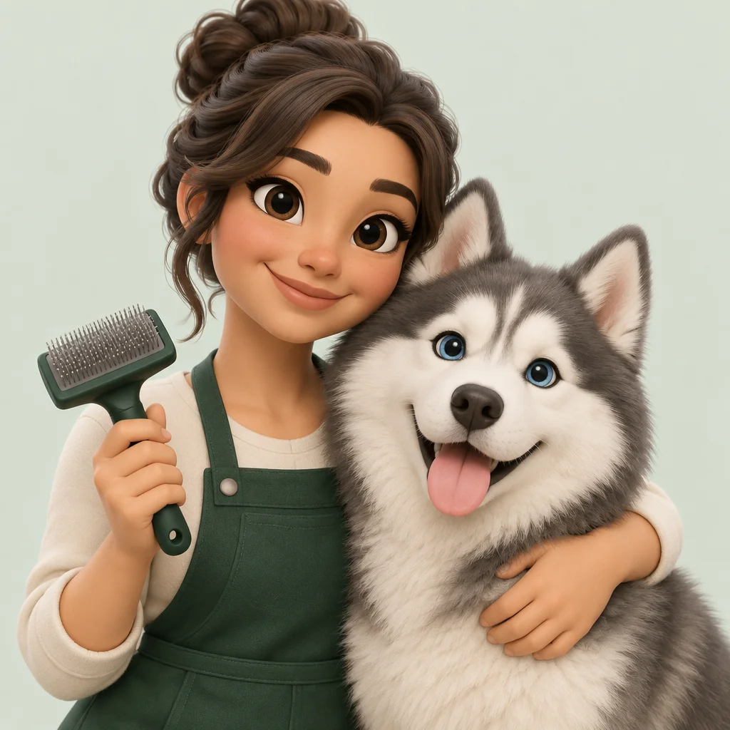 Illustrated portrait of groomer Maya with a husky